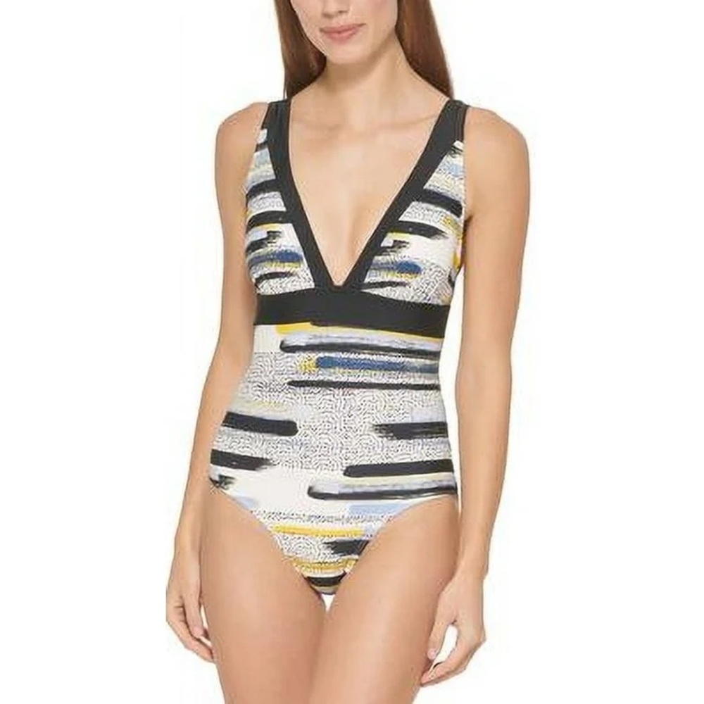 DKNY Multicolor Printed Deep-V One Piece Swimsuit Size 6 - Picture 1 of 6